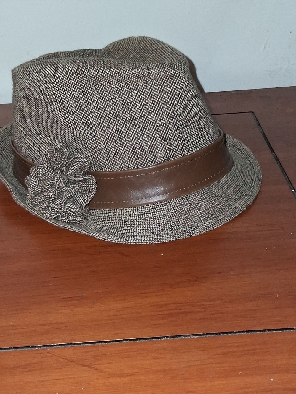 Brown Tweed Fedora with Leather Band and Flower